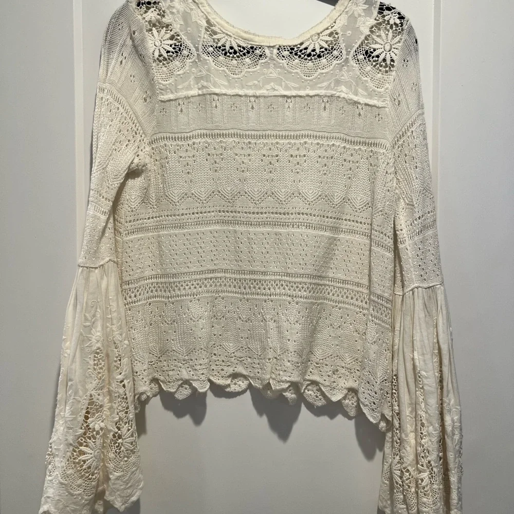 Free People Cream Crochet Lace Long Sleeve Blouse